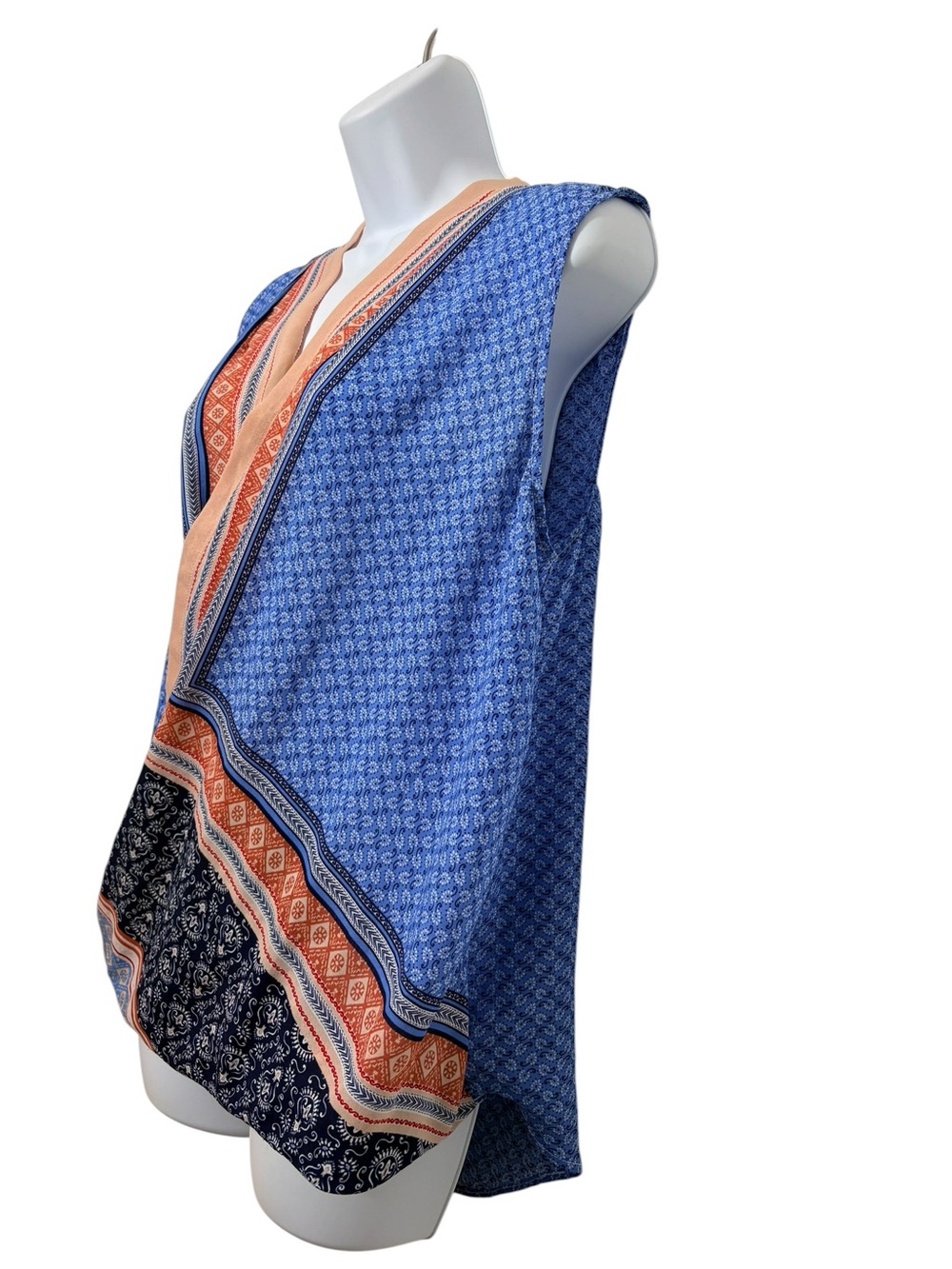 Liz Claiborne Snap Wrap Asymmetric Boho Sleeveless Top Vibrant Patchwork SzL - Picture 3 of 12